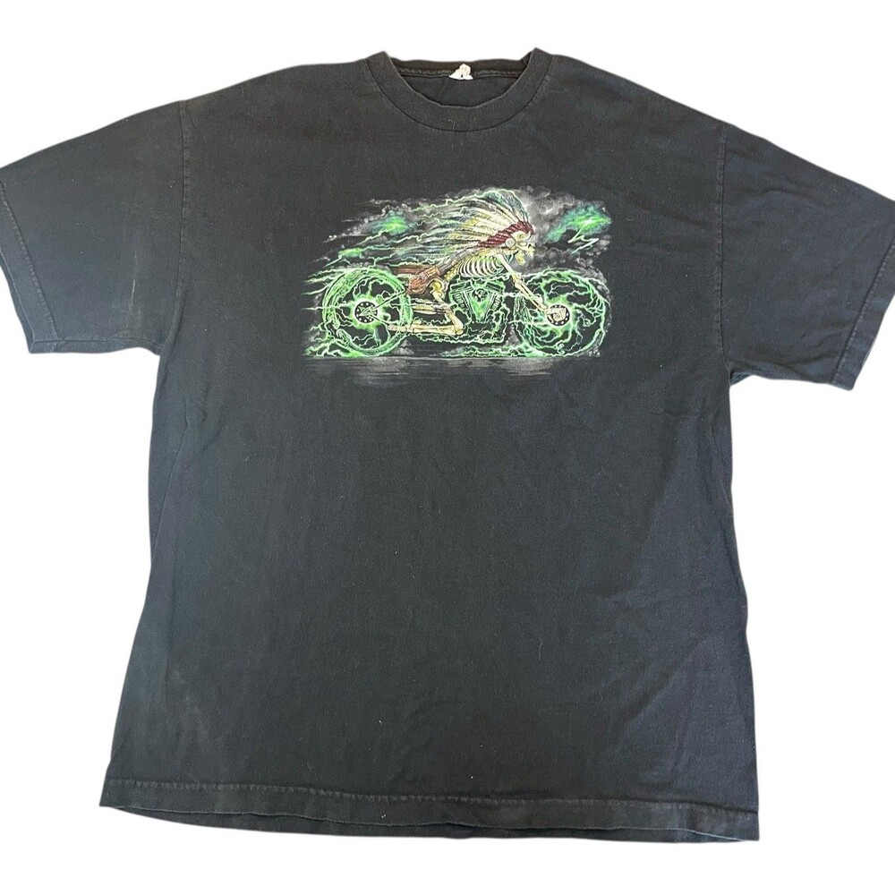 Vintage Biker Skull Motorcycle T Shirt Mens XL Black Lightning Graphic